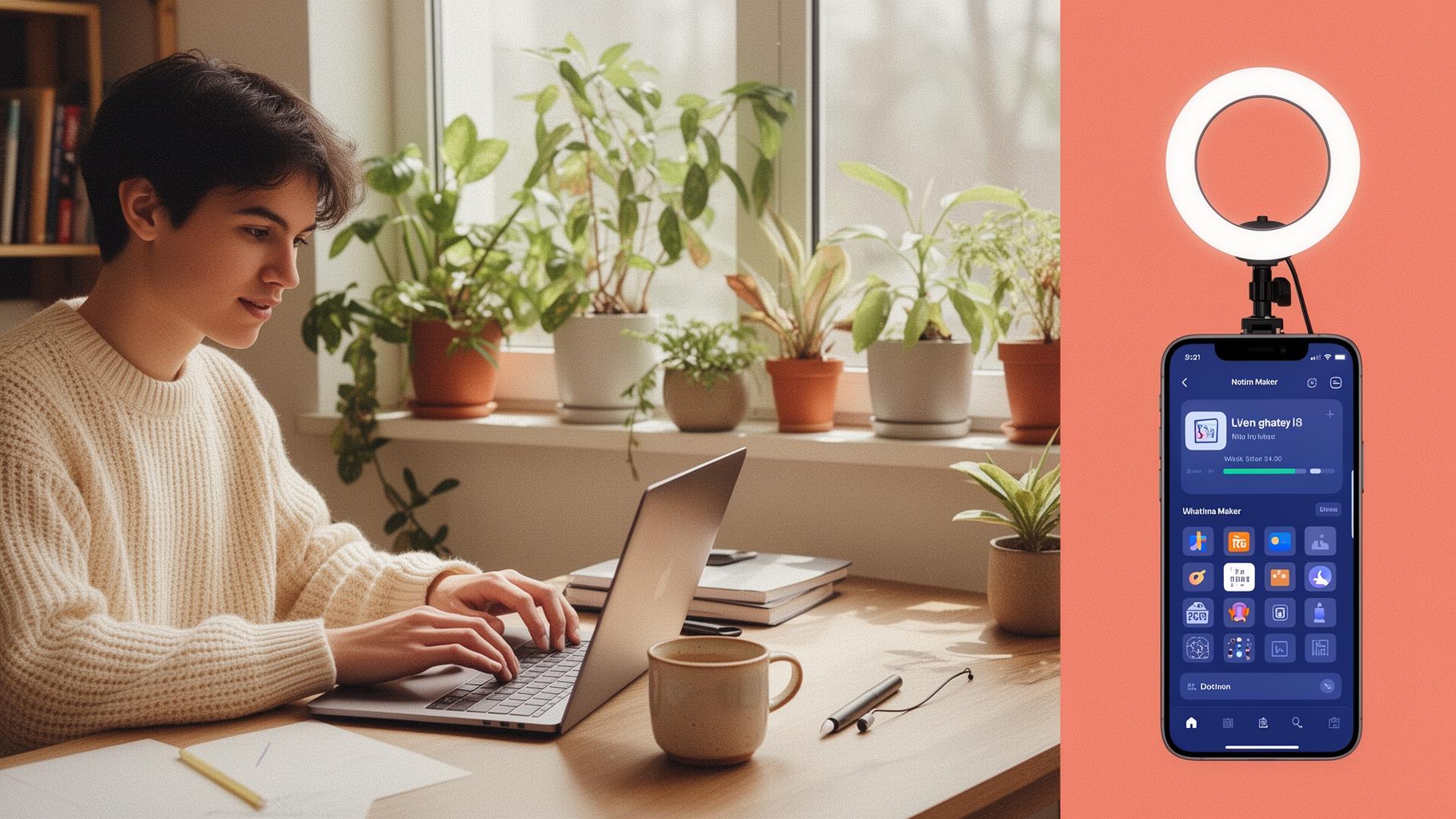 A British workspace at golden hour — leather notebook, brass lamp and an open laptop